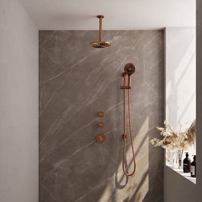 Brauer Copper Edition thermostatische inbouw regendouche SET 23 met 20 cm douchekop en plafondarm en 3-standen handdouche en doucheslang en geïntegreerde glijstang koper geborsteld PVD