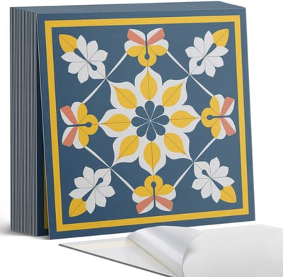 Coloray Plaktegels - Bloemmotief in symmetrie Zelfklevende Tegels - 20 cm x 20 cm - Geel Plaktegels - 20 stuks - Vierkant PVC Tegels - Plaktegels Badkamer - Plaktegels Vloer - Vinyl Tegels - Wandtegel Zelfklevend