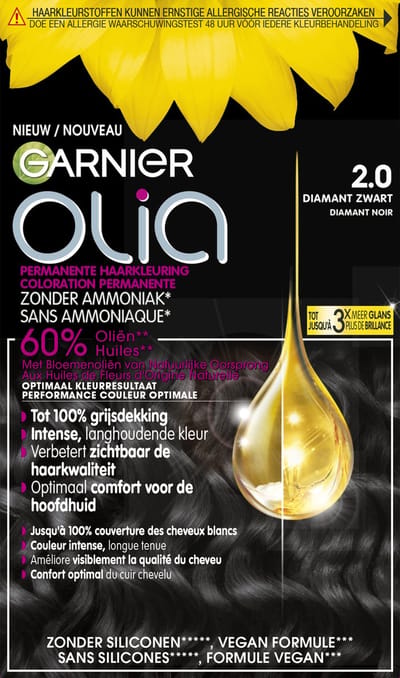 Garnier Olia Diamant Zwart 2 - Permanente Haarkleuring Zonder Ammoniak - Kleurcrème op basis van 60% oliën - Haarverf