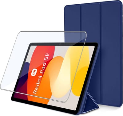 Geschikt voor Xiaomi Redmi Pad SE - Tablet hoes + Screenprotector – Gehard Glas Cover Shock Proof Hoesje - Blauw