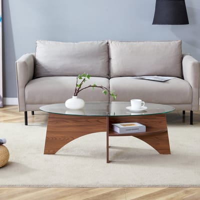 MODFU Salontafel - Ovaal Veiligheidsglas Met Opbergplank - Scandinavisch - Woonkamer - MDF En Glas - Transparant Walnootkleurig