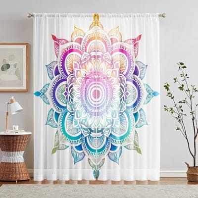 2 Pièces HD Numérique Mandala Floral Imprimé Moustiquaire Décoration de Maison Style Décoratif Salon Chambre Rideau à Tringle Ef W52H63inchW132H160cm white