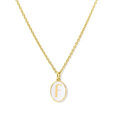 New Bling 9LA-20061-F Zilveren Ketting met Letterhangertje - F - Ovaal - 12x8,8mm - Emaille - Wit - Zilver - Initiaal sieraad - Verguld/Goud op Zilver