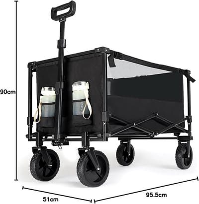 Famanu - Zwarte strandbolderkar 100 kg, all-terrain wielen, met verstelbaar handvat en drankhouders