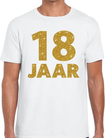 18 jaar goud glitter verjaardag t-shirt wit heren - verjaardag shirts S