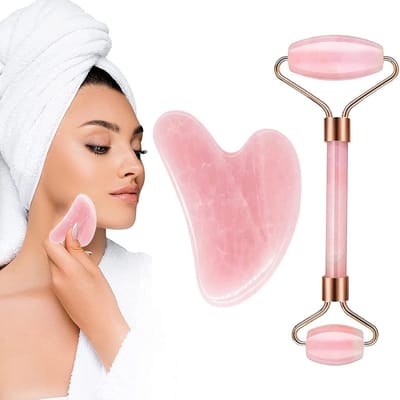 Jade Roller en Gua Sha Set voor Natuurlijk Huidverzorging, Verstevigende Gezichtsmassage, Anti-Aging Tool voor Fijne Lijnen en Rimpels op Gezicht en Hals