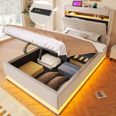 HAUSS SPOLE Gestoffeerd Bed 90x200 cm - Zonder Matras Met Led, Usb En Type C - Met Hydraulische Opbergruimte - Linnen - Beige