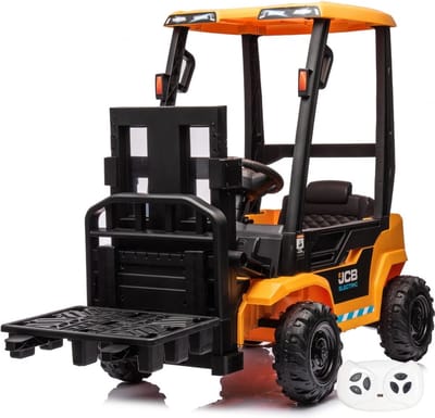 JCB Heftruck Full Option Elektrische Kinderauto 2 tot 6 jaar – Officieel Gelicentieerd Accuvoertuig met Functionele Laadvork & Pallet – 12V Kinderheftruck met Afstandsbediening, 3-puntsgordel & Soft-Start – Geel