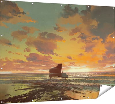 Gards Tuinposter Piano op het Strand bij Zonsondergang - 160x120 cm - Tuindoek - Tuindecoratie - Wanddecoratie buiten - Tuinschilderij