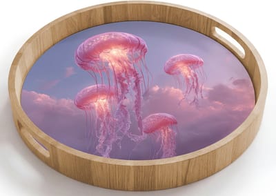 Dienblad rond 40x40 cm - Schootdienblad hout - Kwallen - Roze - Wolken - Borrelplank rechthoek - Plateau houten dienbladen