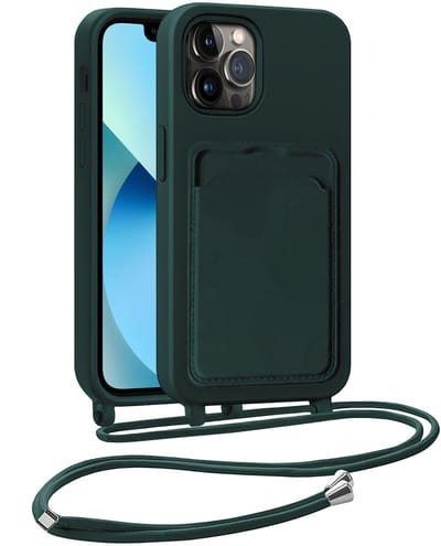 Hoesje Geschikt voor iPhone 13 Pro Hoesje Met Telefoonkoord en Pasjeshouder Siliconen - Hoes Geschikt voor iPhone 13 Pro Hoesje Met Kaarthouder Case - Donkergroen