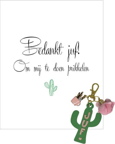 Sleutelhanger en kaartje JUF | roze | cactus | jij bent de liefste | liefste juf | topjuf | einde schooljaar | cadeau