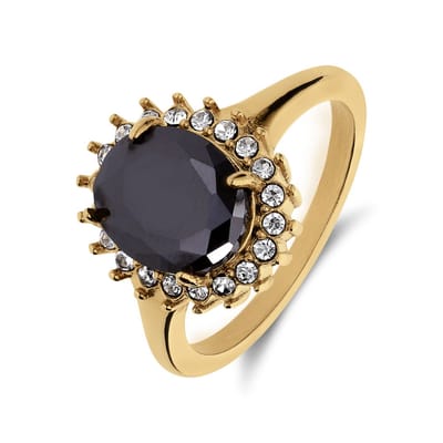 Lucardi Dames Stalen goldplated vintage ring met zwart zirkonia - Ring - Staal - Goudkleurig - 15 / 47 mm