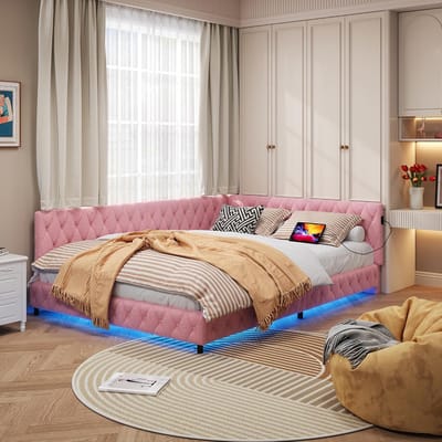 Luxe Gestoffeerd 140x200cm Slaapbank met LED Verlichting en USB Oplaadpunt - Tweepersoonsbed met Hoofdbord