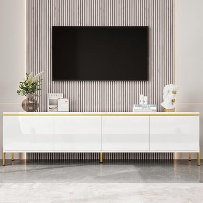 BLACKCOLORS Moderne, glanzende tv-kast, vier deuren, kabelinterface, gouden rand, tv-kast met opbergruimte voor de woonkamer.