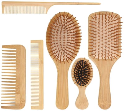 QTTVBTNA Bamboe haarkamset – Natuurlijke, Milieuvriendelijke Haarverzorging – Anti-Frizz, Hoofdmassage, Voor Dun, Lang en Krullend Haar – Voor Vrouwen, Mannen en Kinderen - 6 stuks
