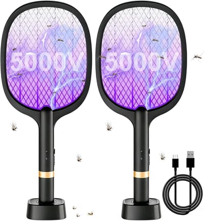 SnelShoppen - 5000V Elektrische Vliegenmepper, Extra Sterke Muggenmepper met UV Lichtval, 2-in-1 USB Type-C Oplaadbare Batterij, 2-pack Zwart voor Tui
