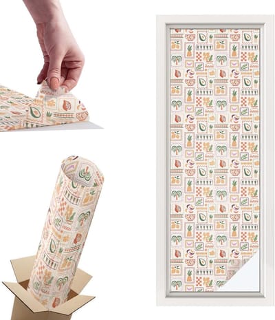 Tulup Raamfolie Anti inkijk - Folkloristische patronen Privacy Folie Raam - 50x146 cm - Beige Anti inkijk Folie - Raamfolie Tegen inkijk Glas in Lood - Voor de keuken, hal en woonkamer - Raamfolie Zonwering