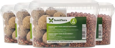 Famiflora Assortiment voor Wilde Vogels - 4 emmers - 12KG (4 x 3 KG) - 4 Soorten Voer - Mixpakket - Voor tuinvogels - Groot 3KG voordeelpakket - 4 verschillende voersoorten