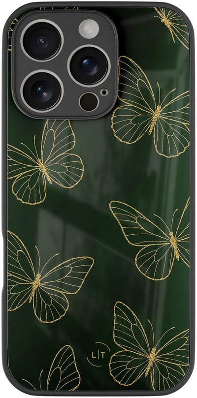 Hoesje geschikt voor iPhone 16 Pro - Emerald butterflies - Luxe Glazen Hardcase - Hippe print - Groen, Goud - Leuke Telefoonhoesjes