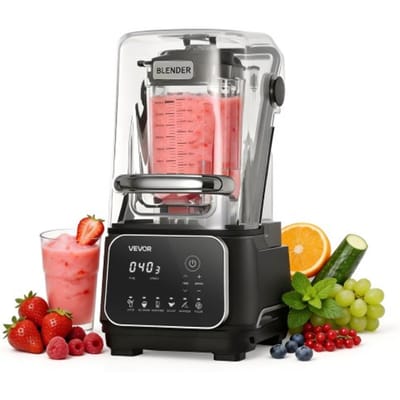 VEVOR 2L Staande Mixer, Smoothie Blender met Beschermkap, 2200W, IJscrusher met Zelfreinigende Functie, Instelbare Snelheid, 6 Voorgeprogrammeerde Programma's, Smoothies, IJscrusher, Puree, Zwart