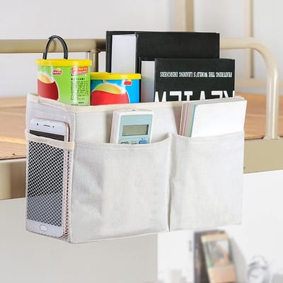 2-delige bedzak, organizer voor bed, van canvas, waterdicht, bedmand, hangende bedmand, bedzak voor thuiskantoor school (grijs, wit)