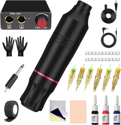 Tattoo Machine met Accessoires - Tattoo kit Draadloos - Complete Set - Zwart met rode accenten