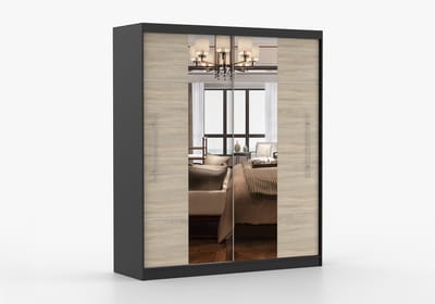 ​Kledingkast NICO III 203 cm - 2-deurs schuifdeurkast met spiegel en decoratieve lijsten - Garderobekast met ruime opbergruimte - Moderne kast voor slaapkamer en hal (Zwart + Sonoma)