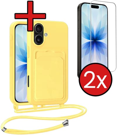 Hoesje Geschikt voor iPhone 17 Hoesje Met Telefoonkoord en Pasjeshouder Met 2x Screenprotector Siliconen - Hoes Geschikt voor iPhone 17 Hoesje Met Kaarthouder Case - Geel