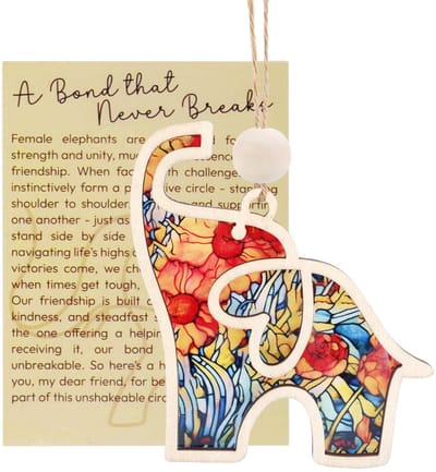 Dailygoods- Olifant Ornament 15x10cm - Hangend Ornament - Vriendschap Geschenken - Decoratie Woonkamer - Houten Kraal - Verhaalkaart
