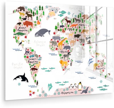 ® Glasschilderij 120x90 cm - Schilderij acrylglas - Wereldkaart - Kinderen - Dieren - Foto op glas - Muurdecoratie woonkamer - Wanddecoratie slaapkamer - Schilderijen