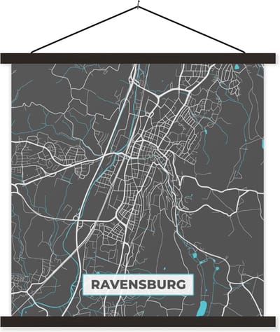 Posterhanger incl. Poster 120x120 cm - Schoolplaat - Blauw – Duitsland – Plattegrond – Stadskaart – Kaart – Ravensburg - Textielposter - Zwarte latten - Stadskaart