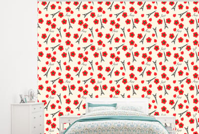 Behang - Fotobehang Patronen - Parijs - Eiffeltoren - Bloemen - Breedte 300 cm x hoogte 240 cm