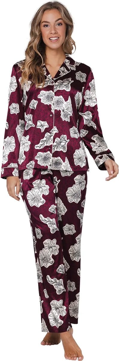 Pastunette Premium - Pyjama - Burgundy Dream - Satijn - Doorknoop - Maat 38