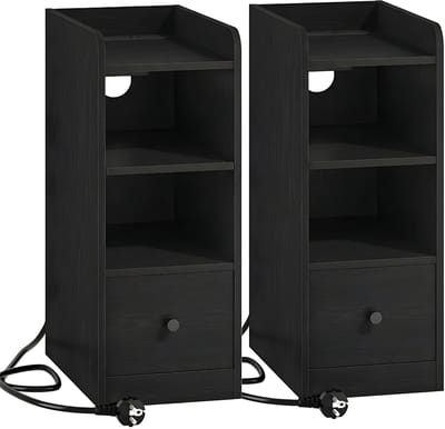 Nachtkastjes Set van 2 – Voor Slaapkamer – Bijzettafel met Oplaadstation, USB & Type-C Aansluiting, 3 Opbergniveaus en 1 Lade – Zwart