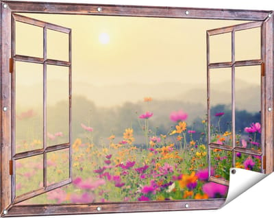 Gards Tuinposter Doorkijk Bloemenveld met Kosmos - Zonsondergang - 120x80 cm - Tuindoek - Tuindecoratie - Wanddecoratie buiten - Tuinschilderij