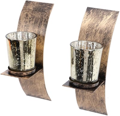 Dailygoods- Wandkaarshouder Antiek - Wanddecoratie Metalen - Glazen Kaarsbeker - Rustiek - 20 cm Hoog - 6,5 cm Breed