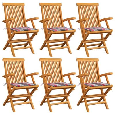 vidaXL - Opklapbare - stoelen - met - rode - geruite - kussens - (6 - stuks) - van - massief - teakhout