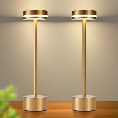 Glitzerlife - Tafellamp Tafellampen LED draadloos 2 stuks - dimbare touch acculamp USB-C oplaadbaar - bedlamp slaapkamer restaurant - kunststof metaal - Ø8 cm - Goudkleurig