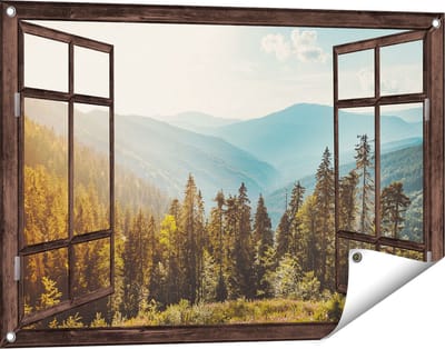 Gards Tuinposter Doorkijk Bos met Bomen in de Hoge Bergen - 90x60 cm - Tuindoek - Tuindecoratie - Wanddecoratie buiten - Tuinschilderij