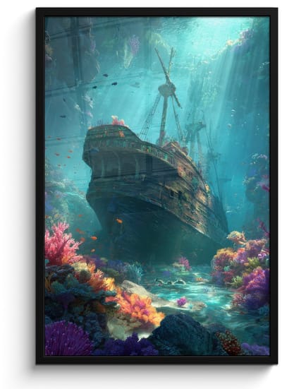 Poster in lijst - Fotolijst 60x90 cm - Posters - Schip - Hout - Koraalriffen - Zonlicht - Posterlijst zwart - Decoratie - Wanddecoratie woonkamer - Muurdecoratie slaapkamer