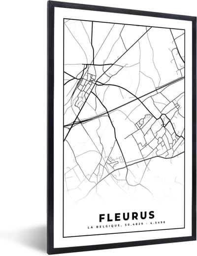 Fotolijst incl. Poster Zwart Wit- Plattegrond – Fleurus – Zwart Wit – Stadskaart - Kaart - België - 40x60 cm - Posterlijst