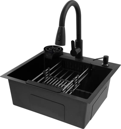 Dailygoods Multifunctionele aanrecht met uittrekbare kraan, zeepdispenser en lekmand Zwarte roestvrijstalen spoelbak 3-s