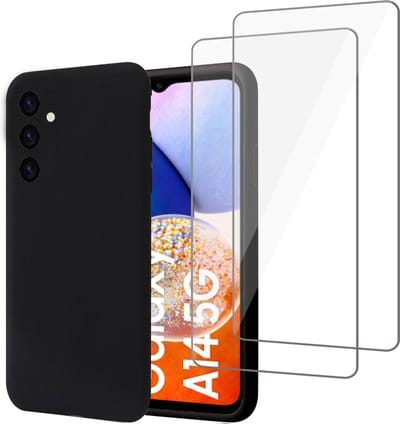 Geschikt voor Samsung A14 5G Hoesje + 2x Screenprotector – Gehard Glas Cover - Suède Case Zwart