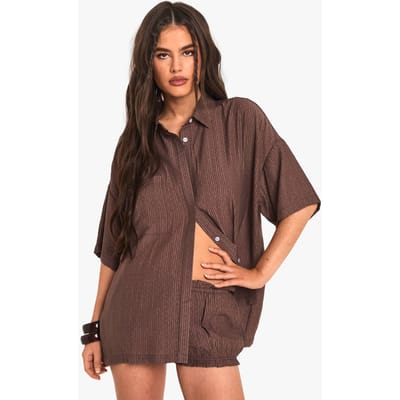 boohoo Dames Textuurstreept kortemouwshirt | Chocolate | Maat: 6