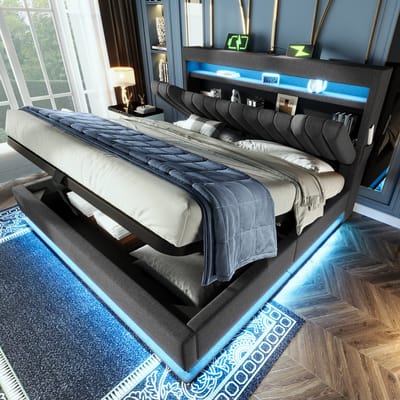Gestoffeerd tweepersoonsbed met opbergruimte en LED - Slaapkamer en logeerkamer 180x200 cm - Grijs - USB/Type-C lader - LED-verlichting met app - Hydraulische opbergbox