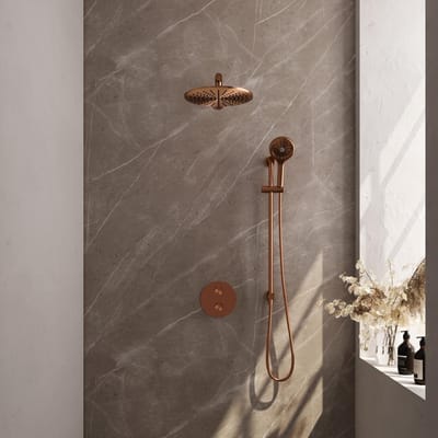 Brauer Copper Carving thermostatische inbouw regendouche 3-weg rond SET 92 met 30 cm douchekop en rechte muurarm en 3-standen handdouche en doucheslang en geïntegreerde glijstang koper geborsteld PVD