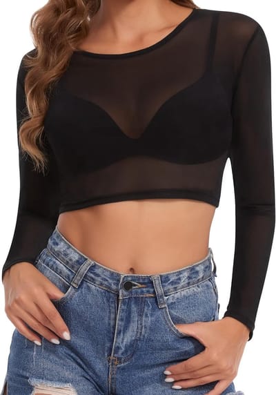 Transparante Sexy Crop Top van Mesh voor Casual en Clubwear - Lange T-shirt Tuniek in Zwart met Tulle en Jersey Design