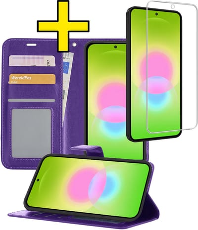 Hoesje - Met Screenprotector - Geschikt voor Samsung Galaxy A27 - Luxe Pasjeshouder - Bookcase Portemonee - Flip Case - Kunstleer Book Case - Flipcase - Book Cover - Walletcase - Portemonneehoes - Telefoonhoesjes - Paars