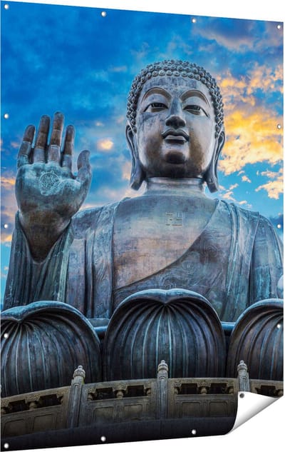 Gards Tuinposter Boeddha Beeld bij een Tempel - 120x160 cm - Tuindoek - Tuindecoratie - Wanddecoratie buiten - Tuinschilderij